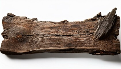 A single rough wooden plank with uneven, splintered edges, isolated on a white background wi 