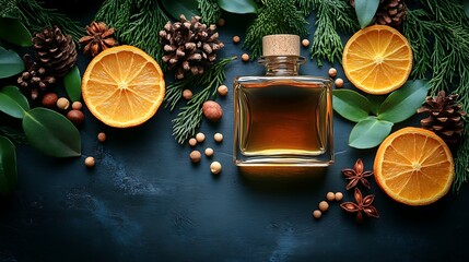 A glass bottle of essential oil with orange slices, pine cones, and spices on a dark blue background.