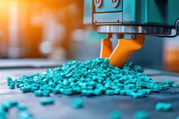 Industrial robot picking turquoise plastic granules, white isolate background