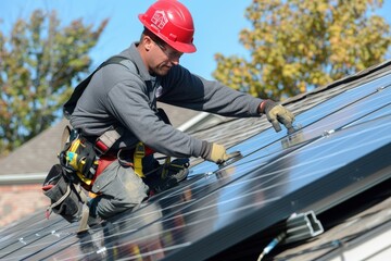 A man in a red helmet is working on a roof, generative ai image