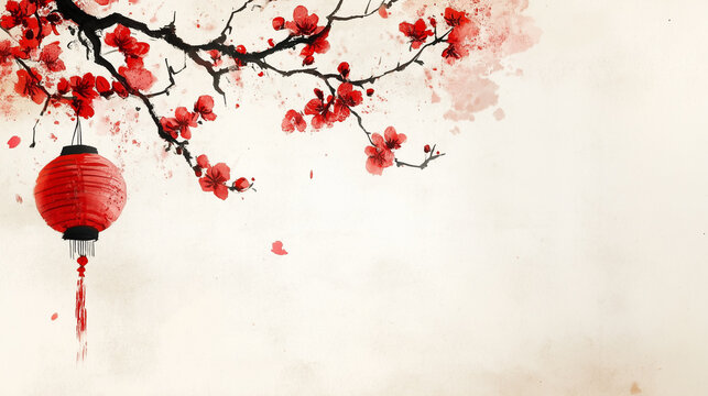 Red watercolor chinese new year background with cherry branch lantern on white