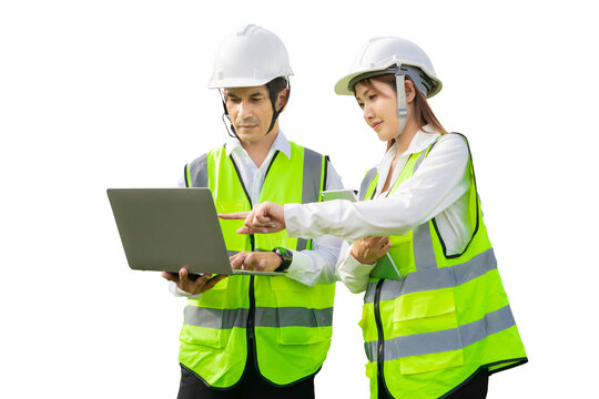 Two engineers, male and female, wearing high-visibility vests and safety helmets, working together using a laptop and tablet. The isolated white background is ideal for versatile usage in design and p - Powered by Adobe