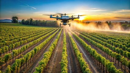 A drone sprays a vineyard in precision agriculture