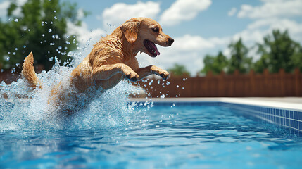 A dog jumping into a swimming pool during a hot summer day with water splashing everywhere