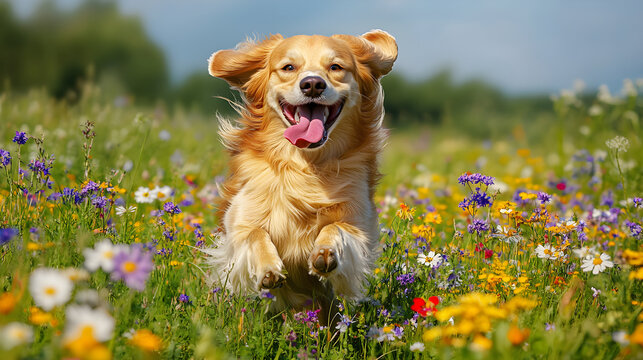 A dog running through a field of wildflowers with its tongue out in excitement