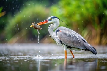 Obraz premium A gray heron catching a loach fish in the river during heavy rain