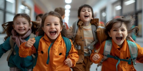 Fototapeta premium Joyful kids run down school hallway, modern background