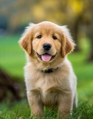 Isolated golden retriever puppy with depth of field showcasing fluffy fur and playful expression