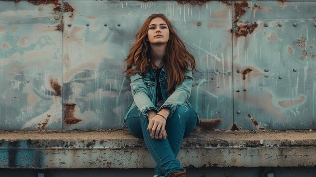 Moody Young Woman in Denim Jacket Sitting Against Rusty Metal Wall - Urban Lifestyle Portrait