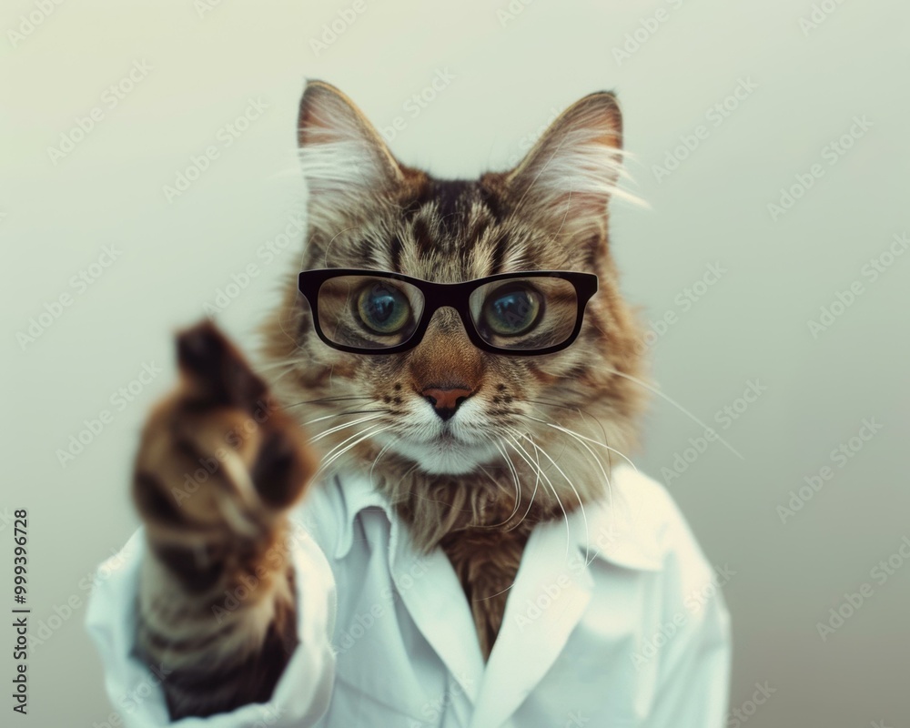 Poster A cat wearing glasses and a lab coat points a finger. AI.