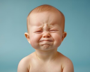 A baby with a furrowed brow and closed eyes. AI.