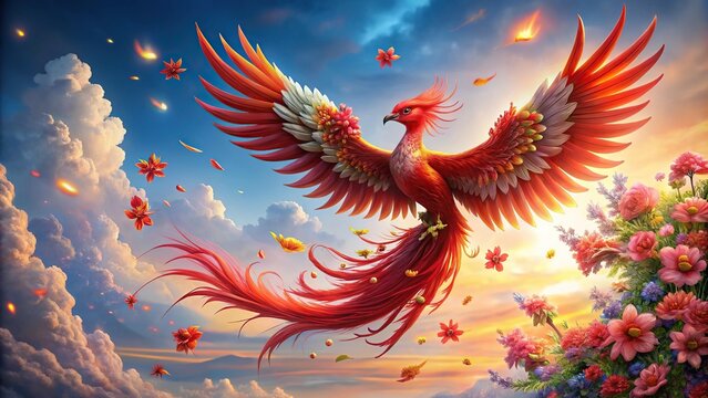 A majestic red phoenix soaring in the sky with beautiful floral accents