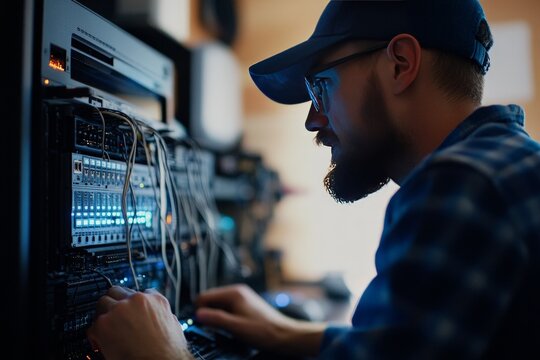 An IT professional installing cybersecurity software tailored for small businesses, with a secure network setup.