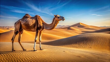 A one humped camel standing in the desert among the dunes at eye level