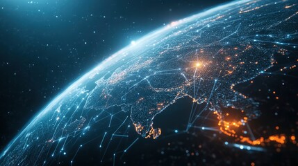 Futuristic illustration of Earth with glowing lines connecting cities, representing global communication and interconnectedness.