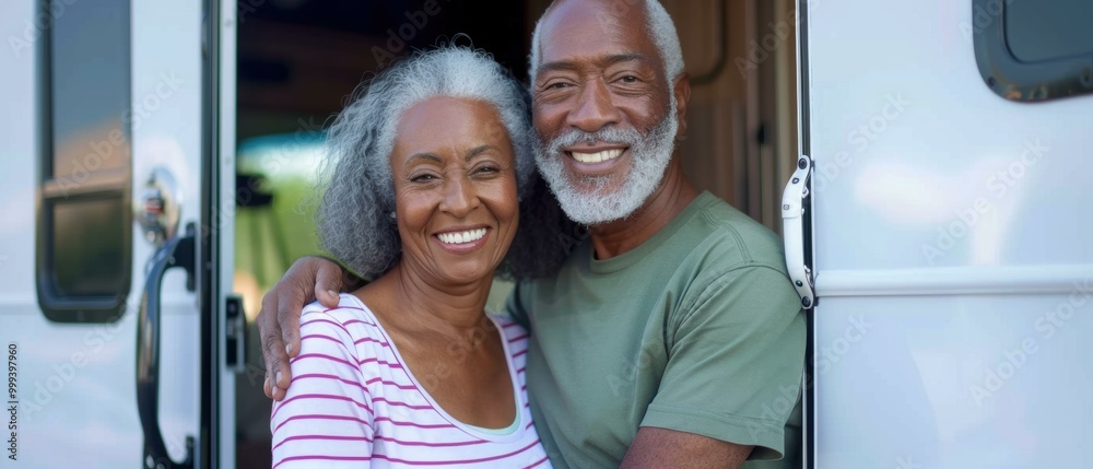 Canvas Prints A couple smiles warmly as they stand in the doorway of a vehicle. AI.