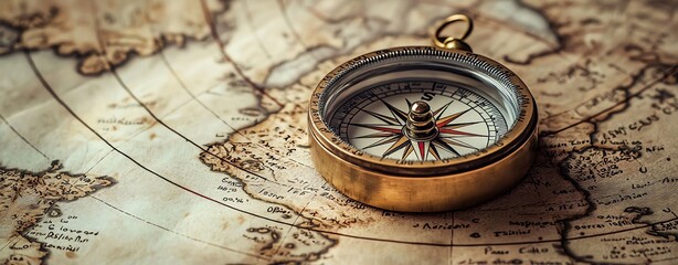 A vintage compass resting on an antique map, symbolizing adventure and exploration across distant lands and uncharted territories.