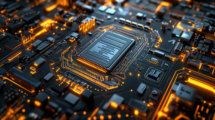 Ultra high definition image of chips and electronic circuit boards on a dark background, with a light orange, sky blue, light indigo and gold color scheme, delicate lines and sophisticated design.
