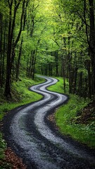 Fototapeta premium A winding road surrounded by lush green trees, inviting exploration through a serene natural landscape.