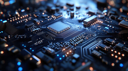 Ultra high definition image of chips and electronic circuit boards on a dark background, with a light orange, sky blue, light indigo and gold color scheme, delicate lines and sophisticated design.