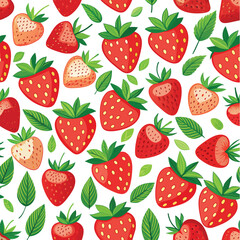 This design showcases a colorful seamless pattern of fresh strawberries interspersed with vibrant green leaves perfect for various creative applications