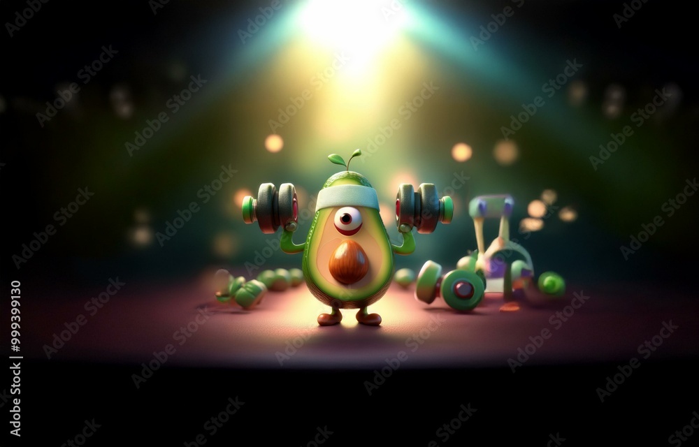 Canvas Prints An avocado character is lifting weights in a spotlight.