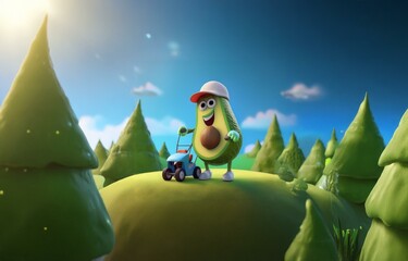 Fototapeta premium Smiling avocado character in a white cap pushes a toy lawnmower on a green hill surrounded by cartoon trees.
