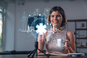 Woman interacting with futuristic medical hologram in office..