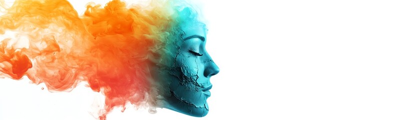 Abstract representation of emotions with colorful smoke and a human profile silhouette