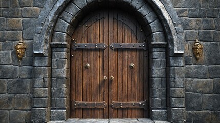 Ornate wooden doors set in an arched stone doorway.