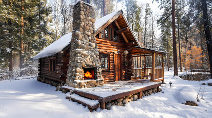 Photorealistic Forest Cabin in Rustic Style in wintertime &ndash; Perfect for Print, Poster, and Home Decor, generated ai