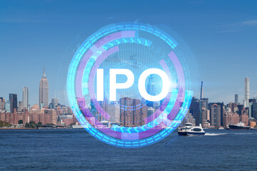 IPO text over New York City skyline with futuristic digital overlay.
