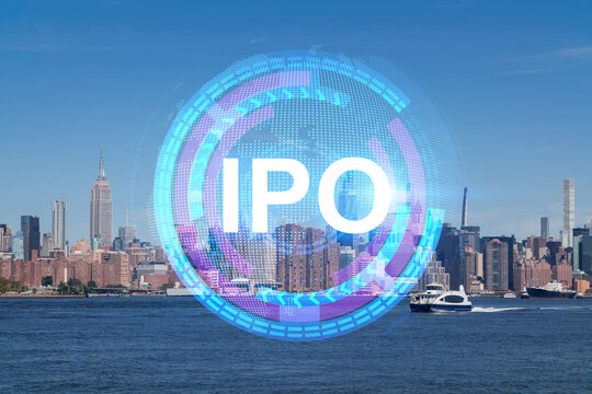 IPO text over New York City skyline with futuristic digital overlay. - Powered by Adobe