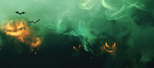 Fototapeta premium Spooky Halloween Abstract Art with Glowing Jack-o'-Lanterns and Swirling Green Mist