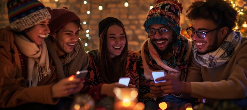 Cozy Holiday Gathering with Friends Online Shopping for Black Friday Deals by Candlelight