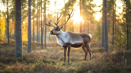 A single reindeer standing in a peaceful forest clearing