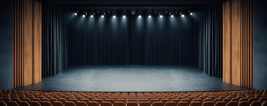 A spacious theater stage with dramatic lighting, ready for a performance, featuring empty seats and dark curtains in the background.