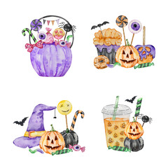 Fototapeta premium Watercolor Cute Halloween Candy set For Party Design