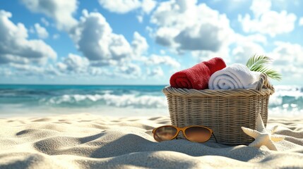 A beach basket with towels, sunglasses, and sunscreen, sitting on the sand by the ocean shore.