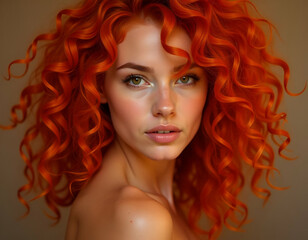 Fototapeta premium a young caucasian, model woman with long, vibrant orange curly hair, Fair Skin, and Green Eyes, natural makeup, look and is looking directly at the camera with a Slight smile, studio shot