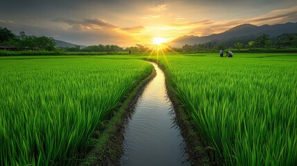 Obraz premium Serene Sunrise Over Vibrant Green Rice Fields and Mountains