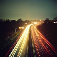 A long exposure photo of the lights on a motorway at night, with streaks and trails