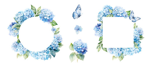 Frames with watercolor blue hydrangea set