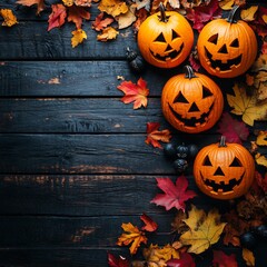 Autumn leaves scattered around Halloween pumpkins a dark wooden background creating a festive scene