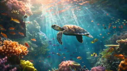 Naklejka premium Sea Turtle Gliding Through Vibrant Coral Reef with Colorful Fish and Sunlit Waters