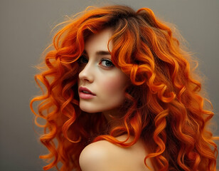 Fototapeta premium a young caucasian, model woman with long, vibrant orange curly hair, Fair Skin, and Green Eyes, natural makeup, look and is looking directly at the camera with a Slight smile, studio shot