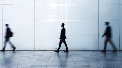 Business People Walking Past White Wall in Modern Corporate Office Space