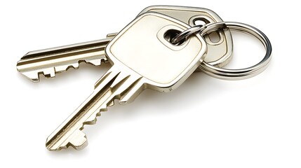 A set of silver keys on a keyring isolated on white background. 