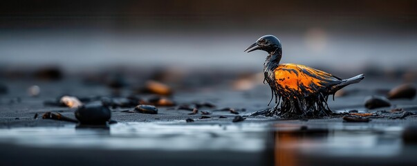 A striking close-up of a vibrant bird standing on wet ground, showcasing its unique colors and intricate details in a serene environment.