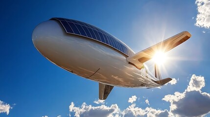 Obraz premium Solar Powered Airplane Flying in Blue Sky with Clouds